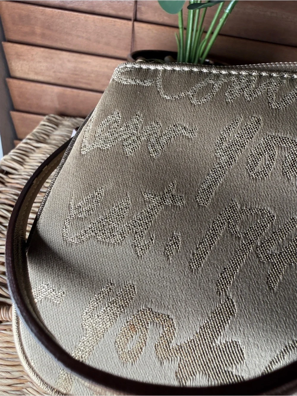 Coach Beige Script Wristlet with Heart Patch